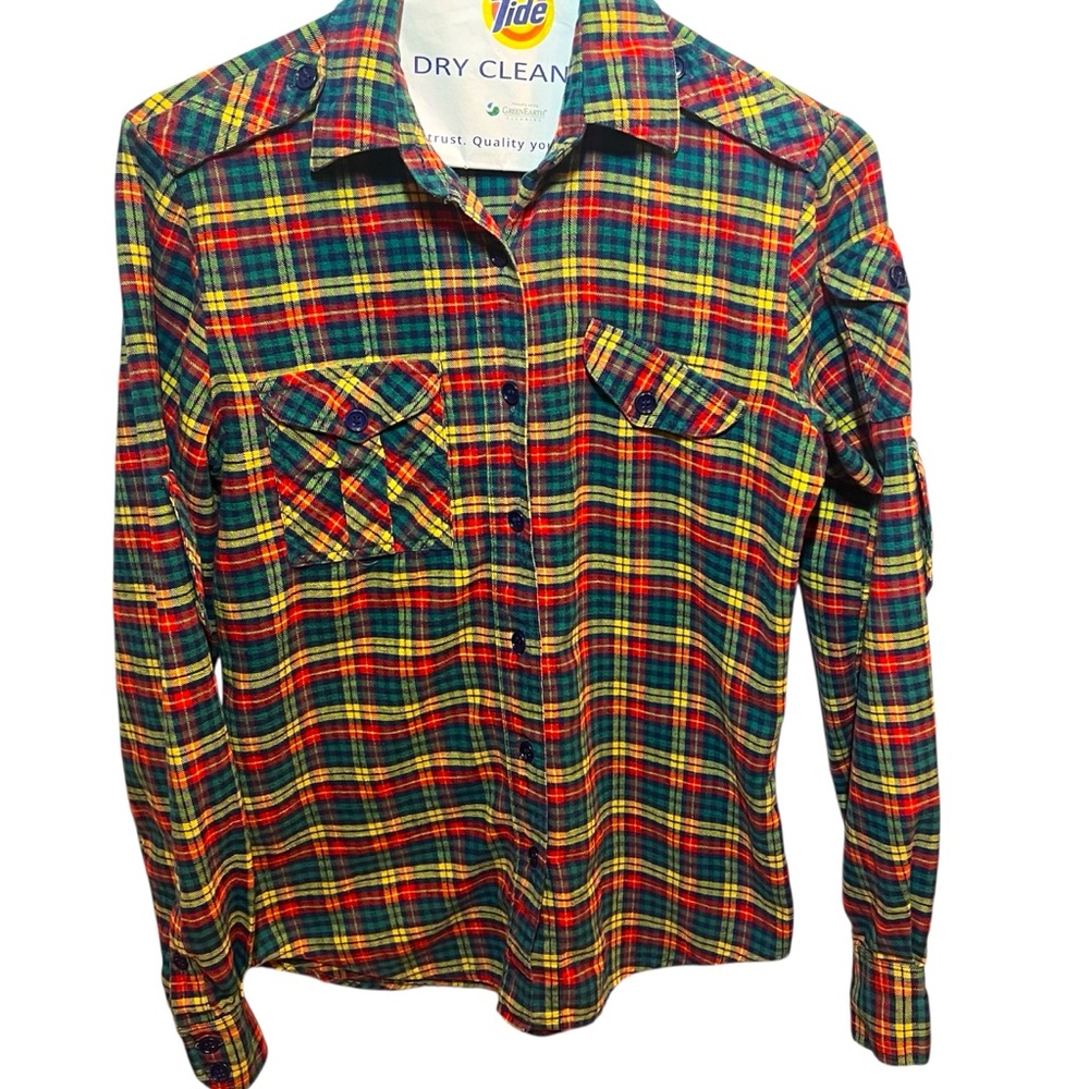 Vintage Multicolor Plaid Flannel Button Down Shirt with Decorative Pockets Small